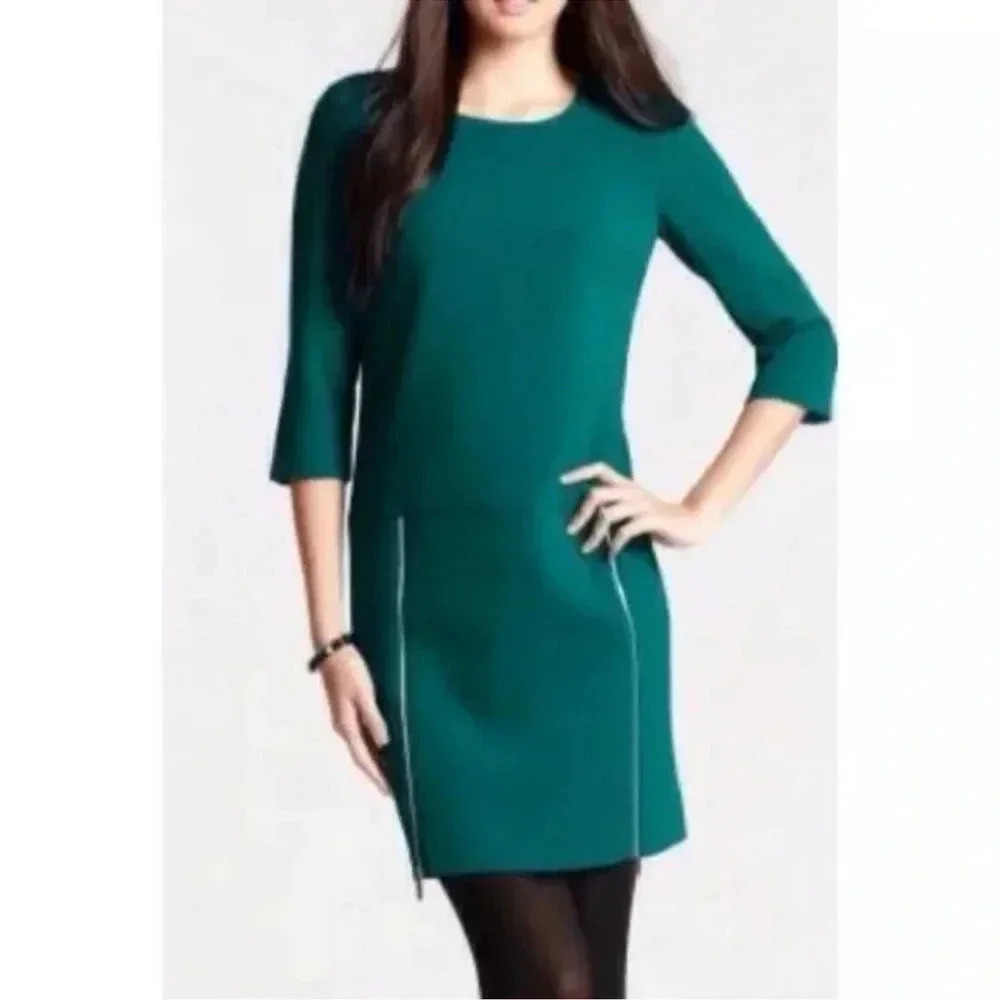 Ann Taylor Teal Deep Green Shift Dress 3/4 sleeve Zipper Front Size 4 Small S